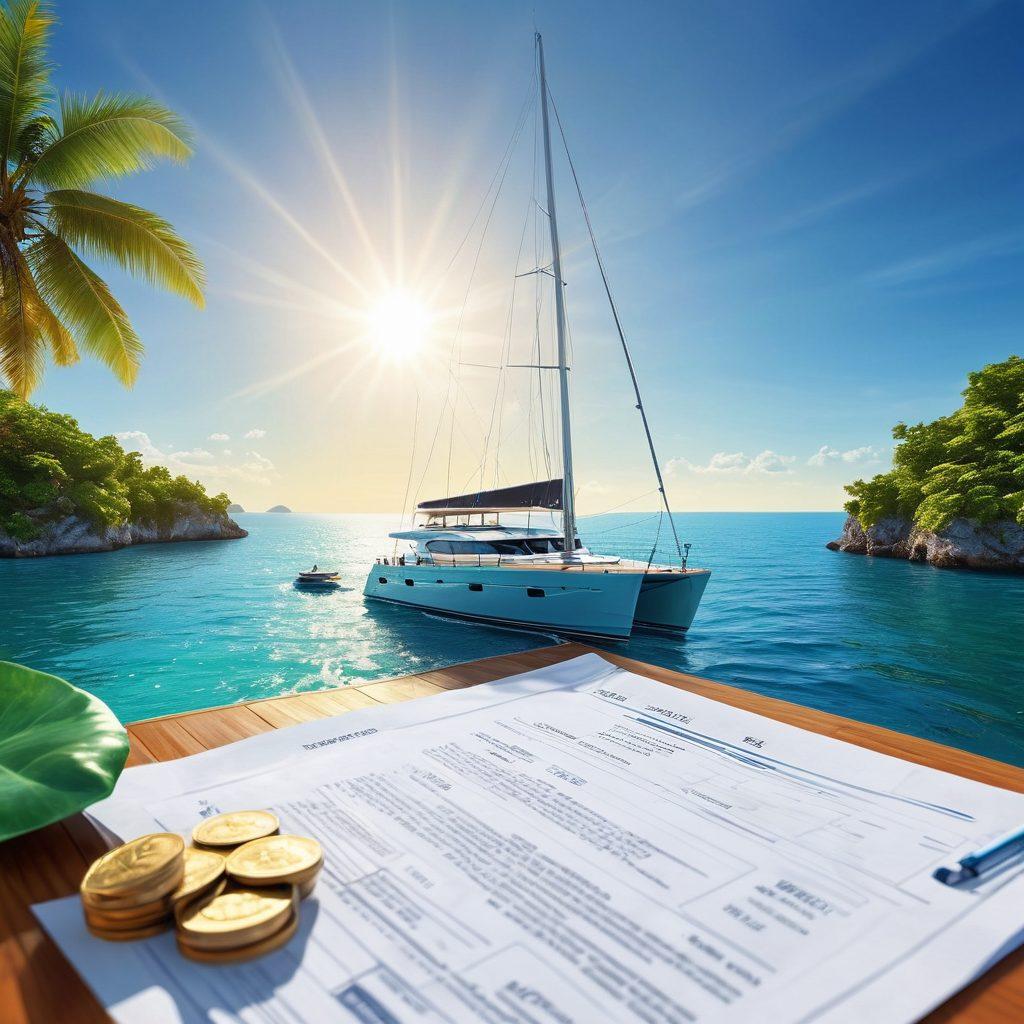 An elegant yacht sailing through clear blue waters, surrounded by lush green islands under a bright sun. A confident yacht owner reviews insurance documents on the deck, with a sense of peace and security. Include visual elements like protective shields around the yacht or coins representing investment. Super-realistic. Vibrant colors. Bright background.