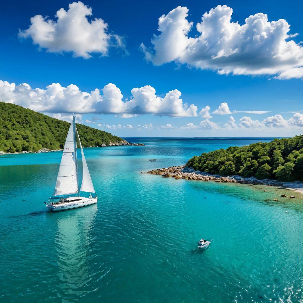 A serene yacht sailing across calm turquoise waters, with a bright blue sky and fluffy white clouds overhead. The yacht is adorned with a life preserver marked 'Safety First', symbolizing yacht insurance. Nearby, a distant shoreline with lush green hills, representing adventure and exploration. The overall atmosphere is peaceful and inviting, inspiring wanderlust. vibrant colors. super-realistic.